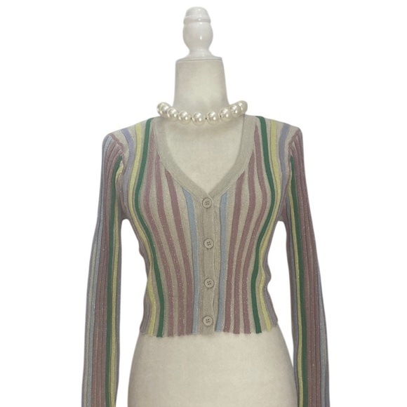 Lulus NWT Eye-Catching Trend Taupe Multi Striped Ribbed Cardigan Top - Picture 4 of 14